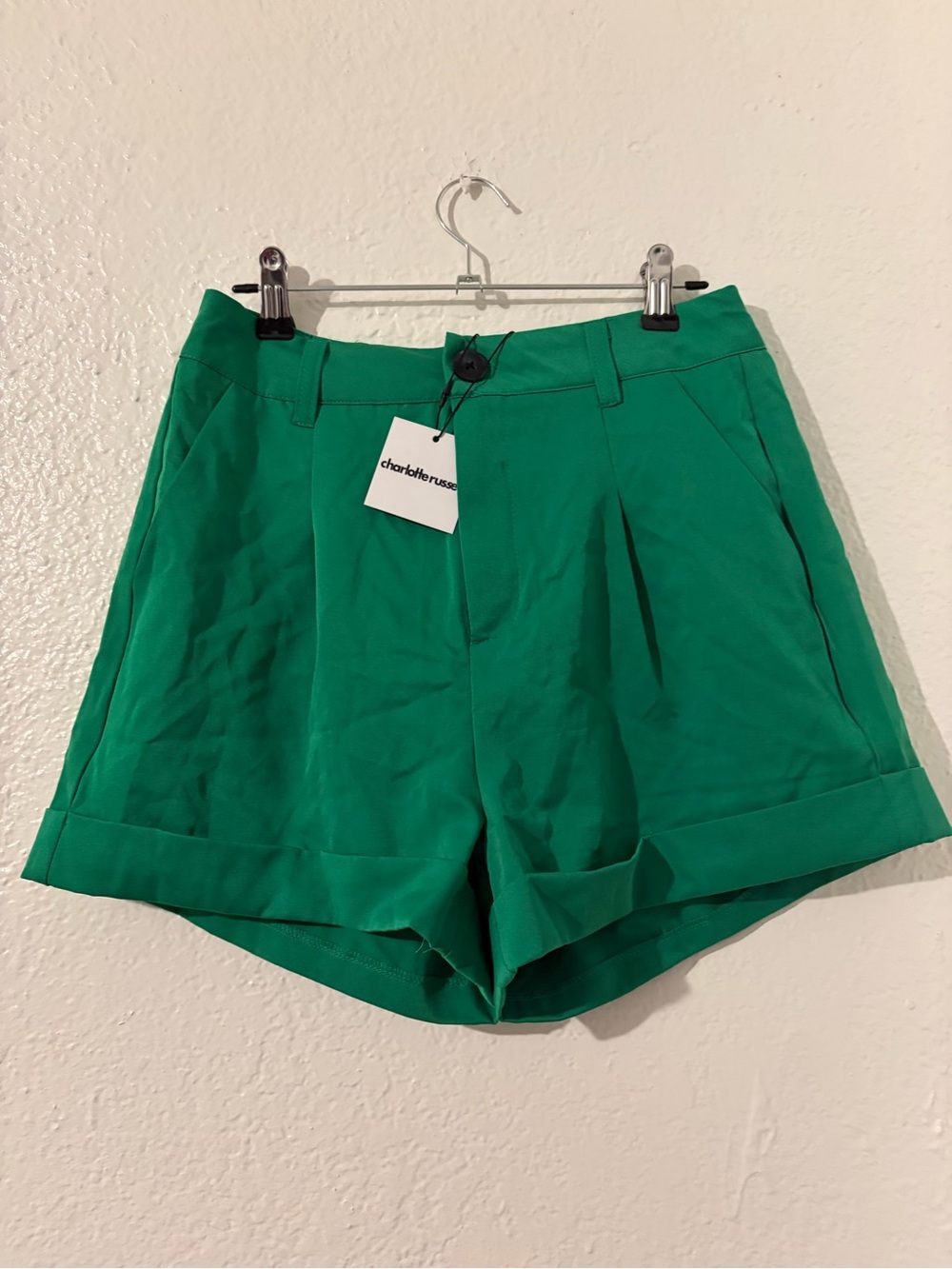 Charlotte Russe Emerald Green High-Waist Pleated Shorts